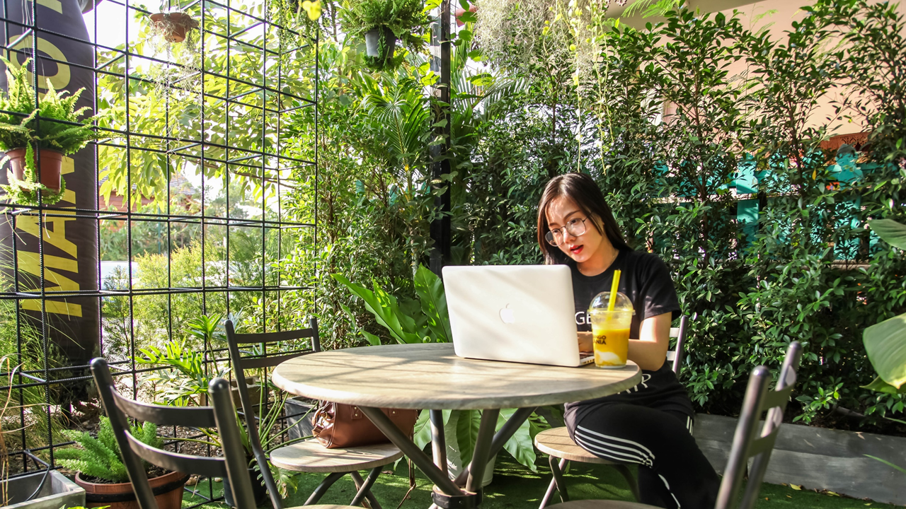 Image: A garden or greenhouse, completely or partially indoors. There's a round table with four chairs. On one of the chairs, a woman with a smoothie can on the table, using an Apple laptop computer.